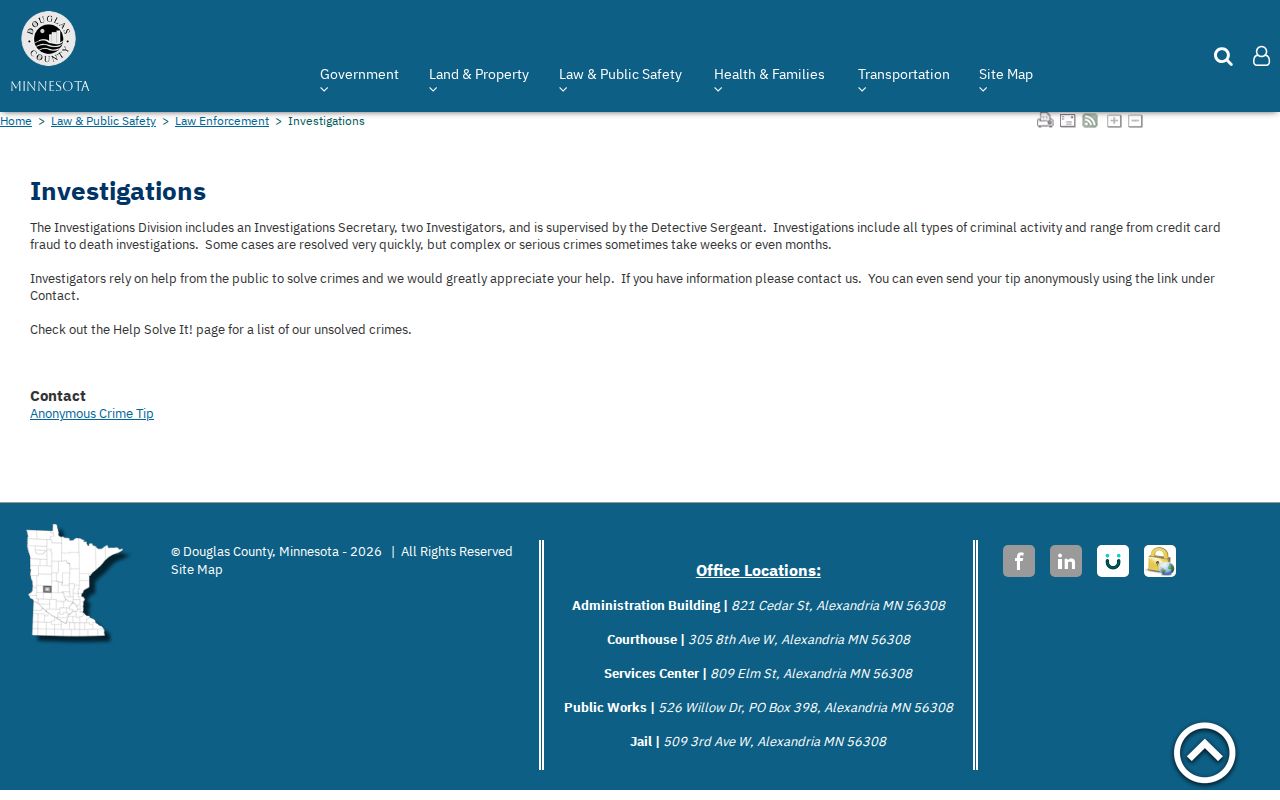 Douglas County investigations and tip program page relevant to the Douglas County most wanted list