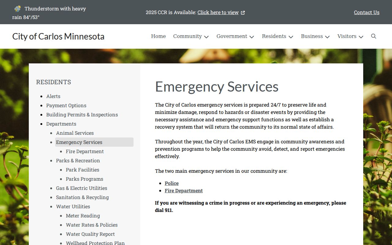 City of Carlos emergency services page relevant to Carlos warrant records