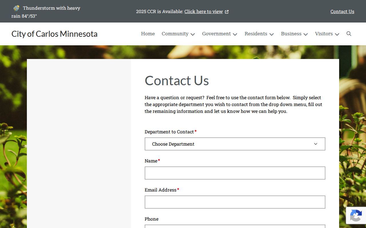 City of Carlos contact form page relevant to Carlos warrant records