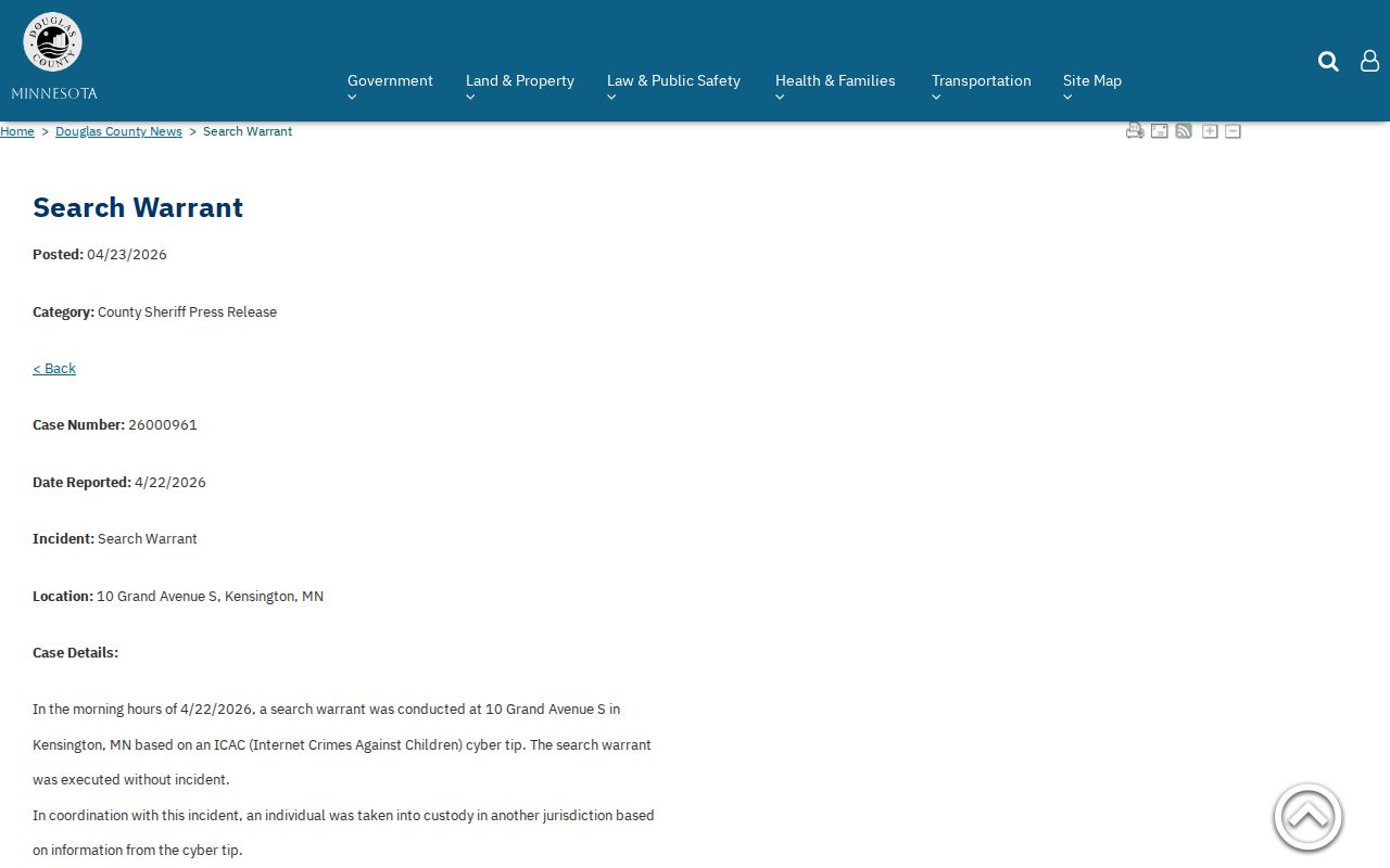 Douglas County search warrant press release page for Douglas County warrant records